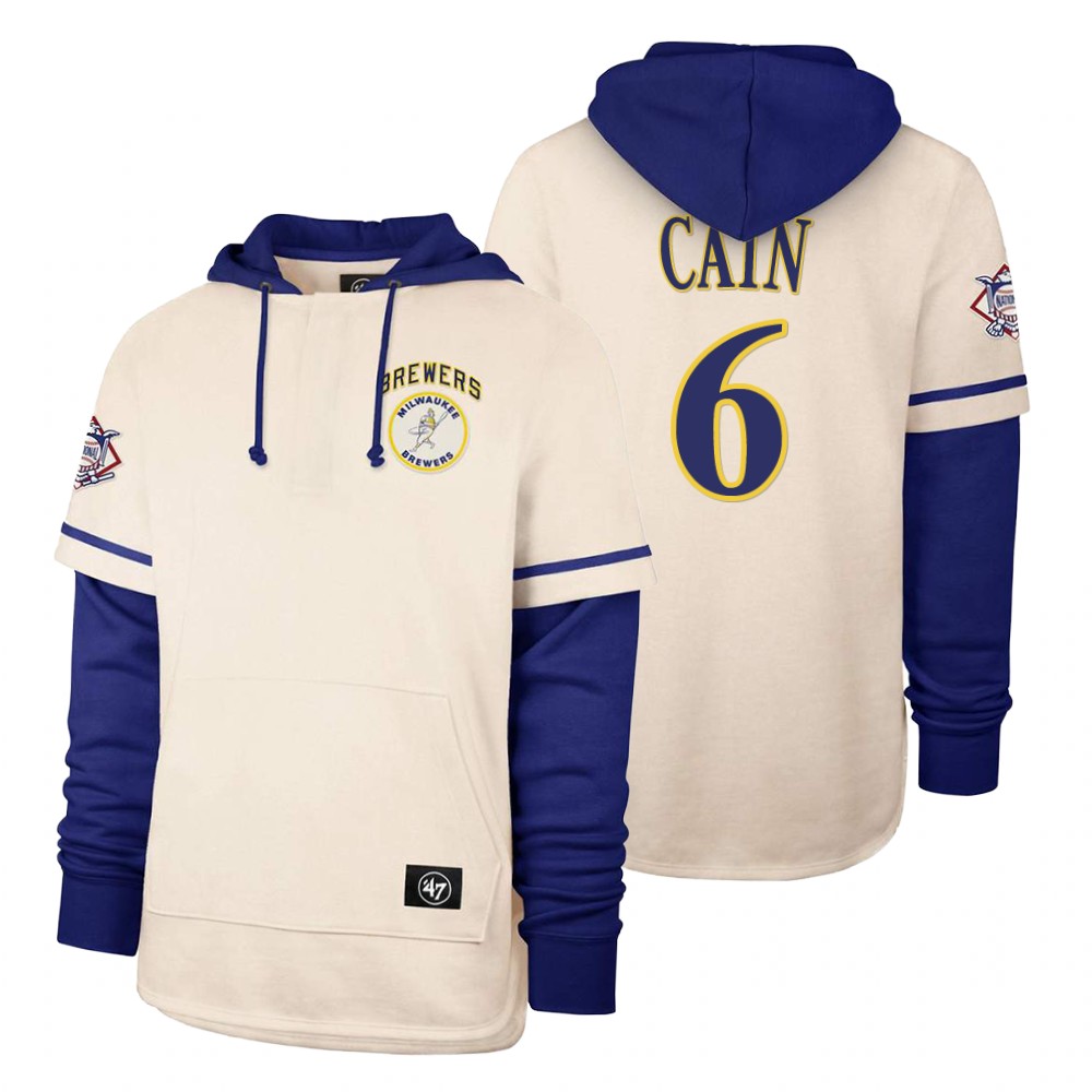 Men Milwaukee Brewers #6 Cain Cream 2021 Pullover Hoodie MLB Jersey